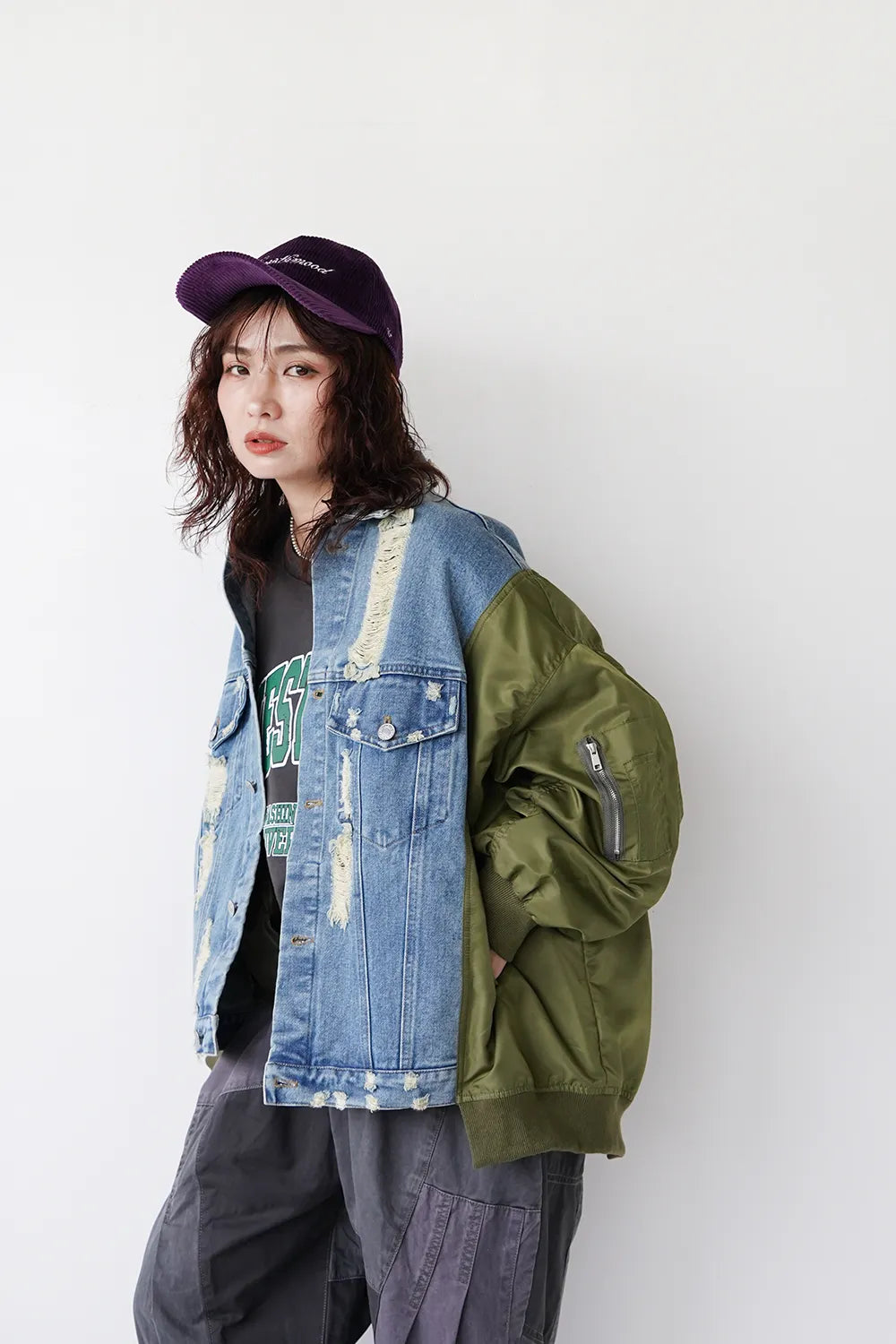 ジャケット・アウター MICALLE MICALLE sideslitDownvest MICALLE MICALLE】ダメージデニム×ナイロンドッキングブルゾン – LILA