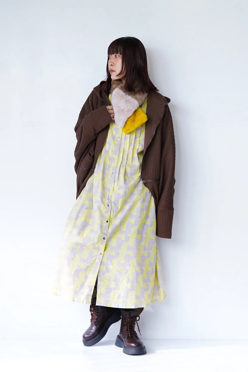 【fu-dueka::】ヴィンテージ加工鳥柄ピンタックワンピース