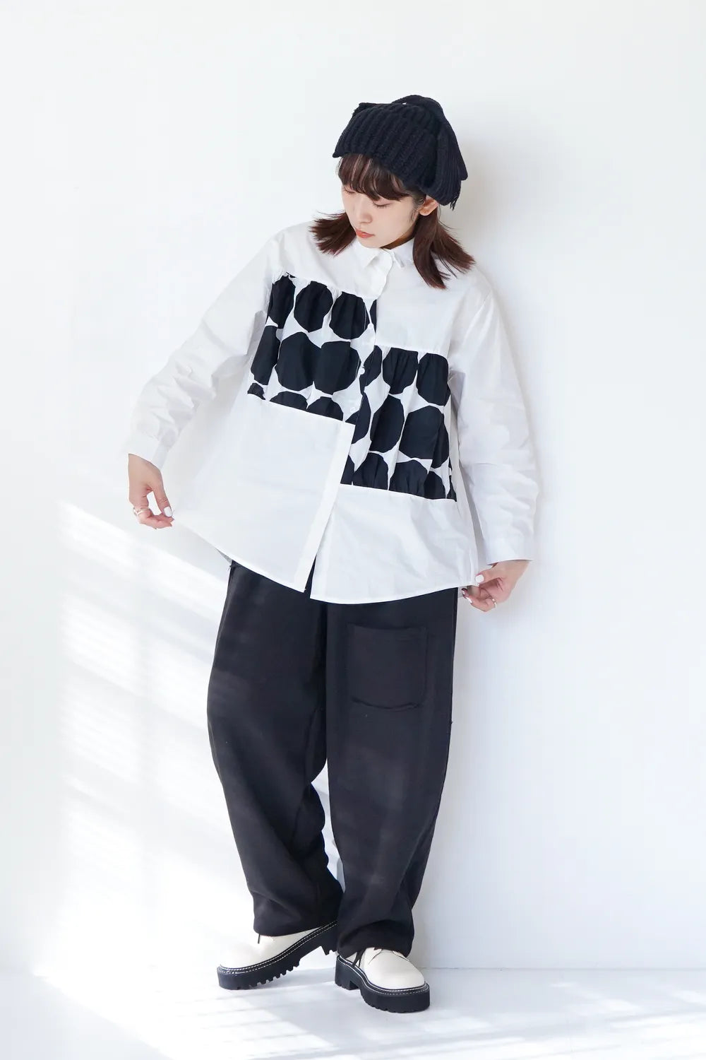 段違いビッグドット切替シャツ