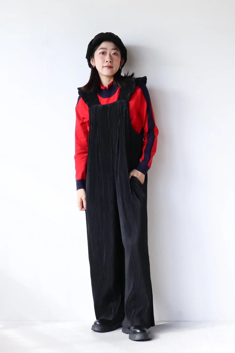 配色フリルネックニットソー