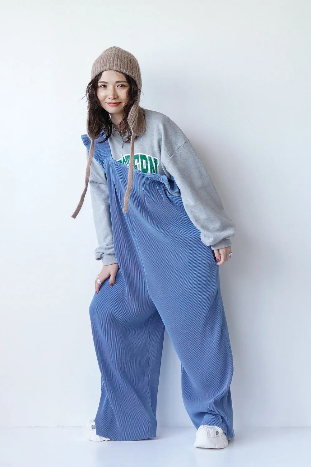 フリルショルダープリーツサロペット