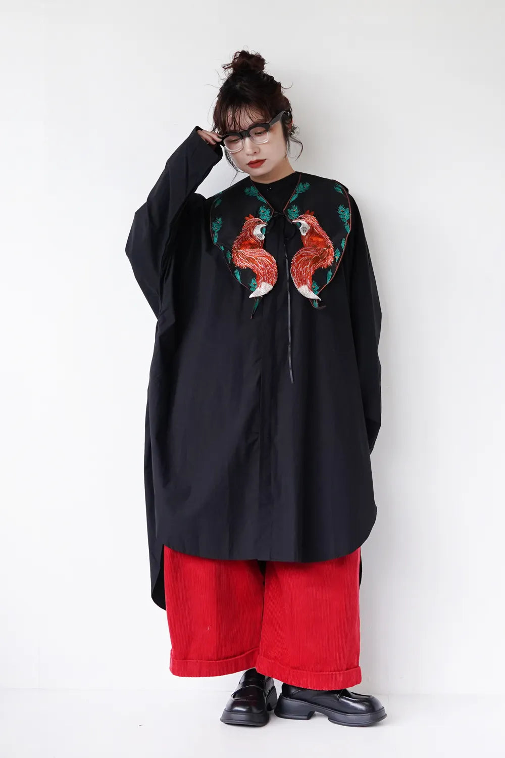 フォックス刺繍衿付きチュニックシャツ