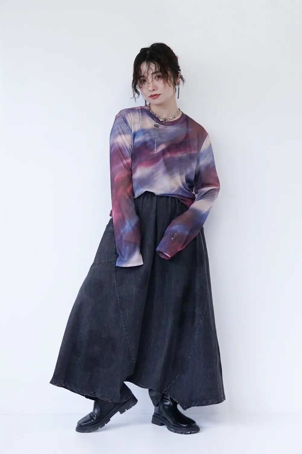 ドット✕フラワープリント超サルエルデニムパンツ