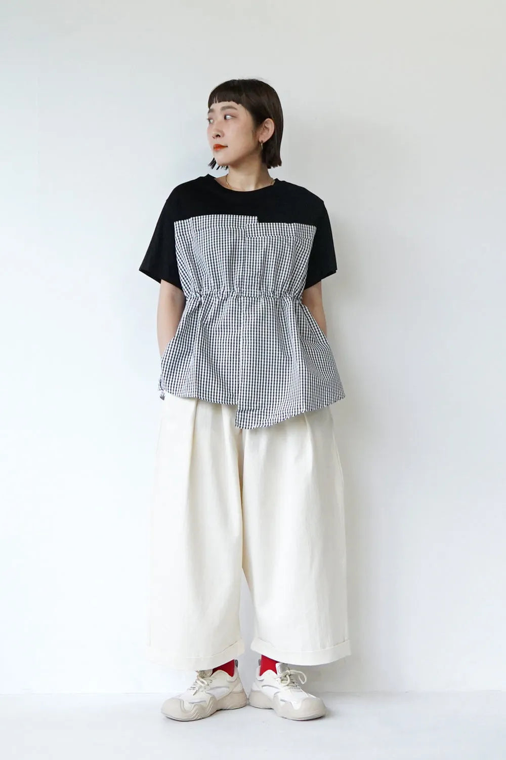 ギンガム切替ドロストカットソー