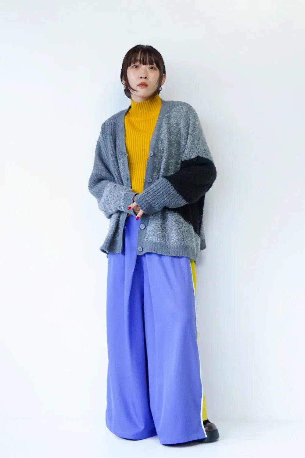 異素材切替ニットカーディガン