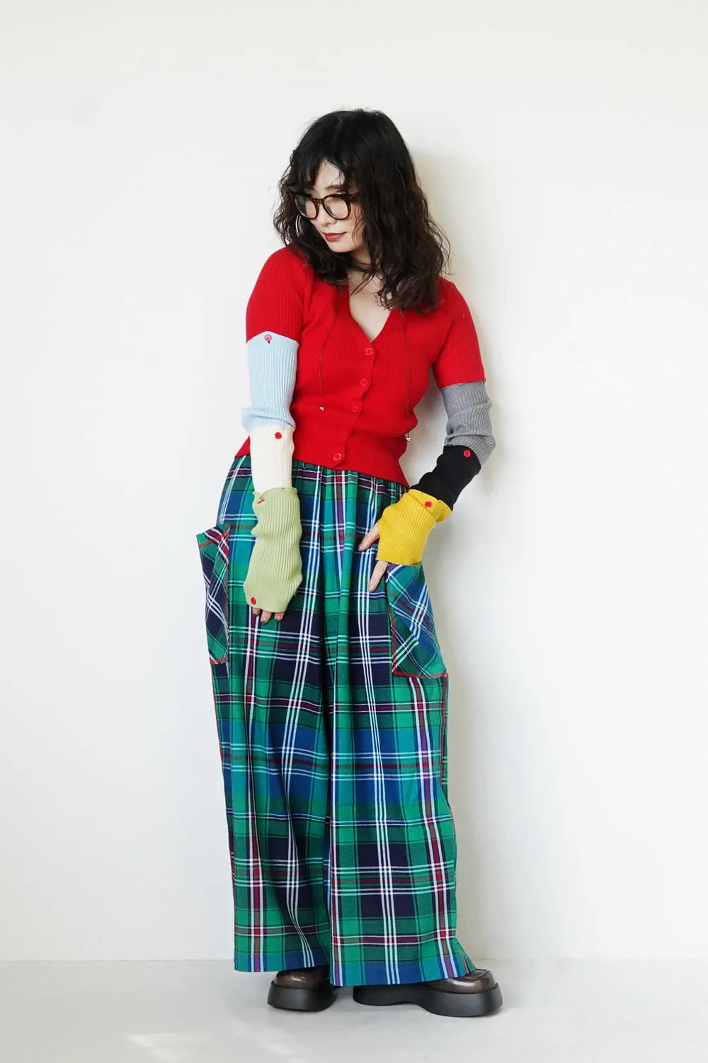 つぎはぎ配色スリーブリブニットカーディガン