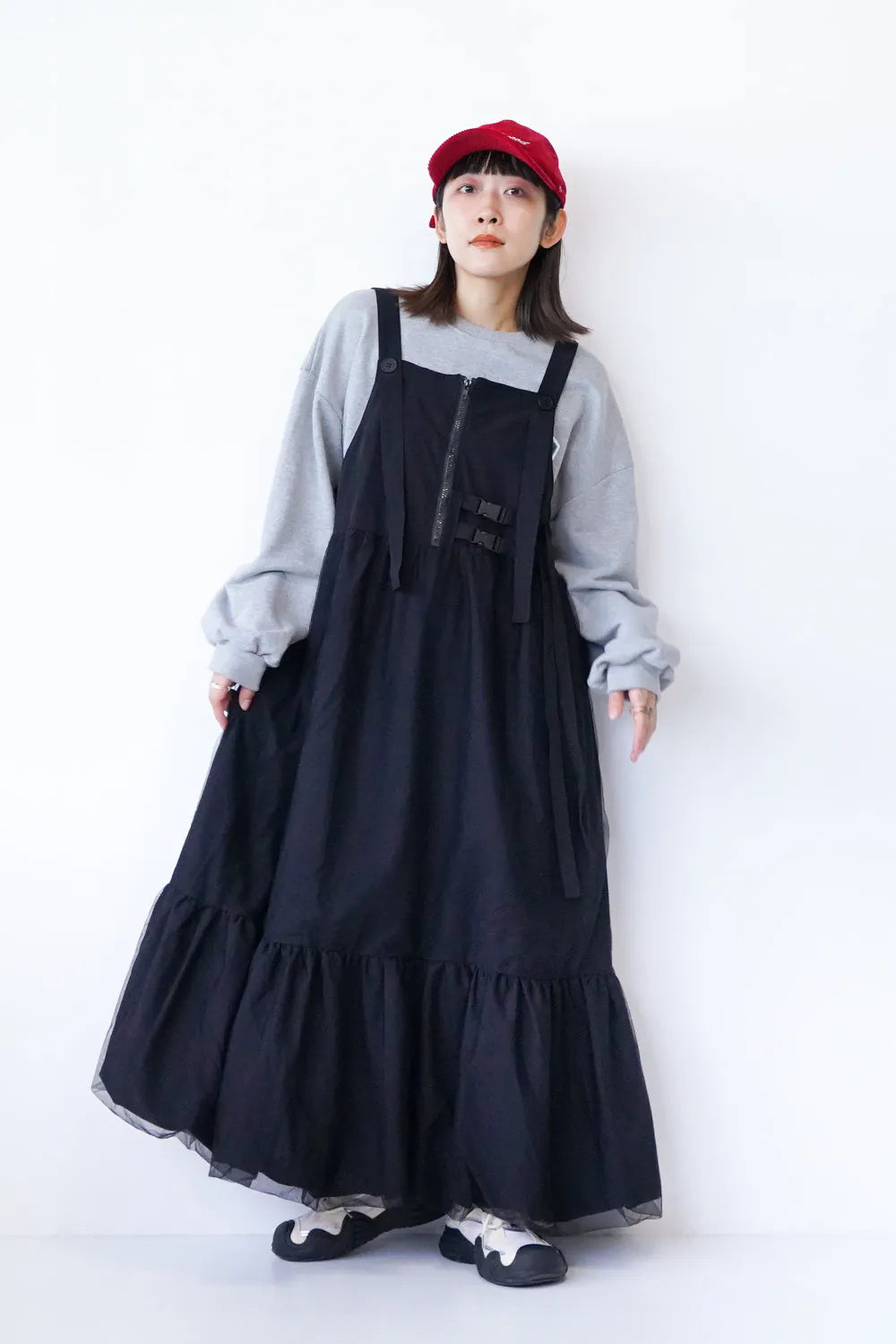 チュールレイヤードボリュームジャンパースカート