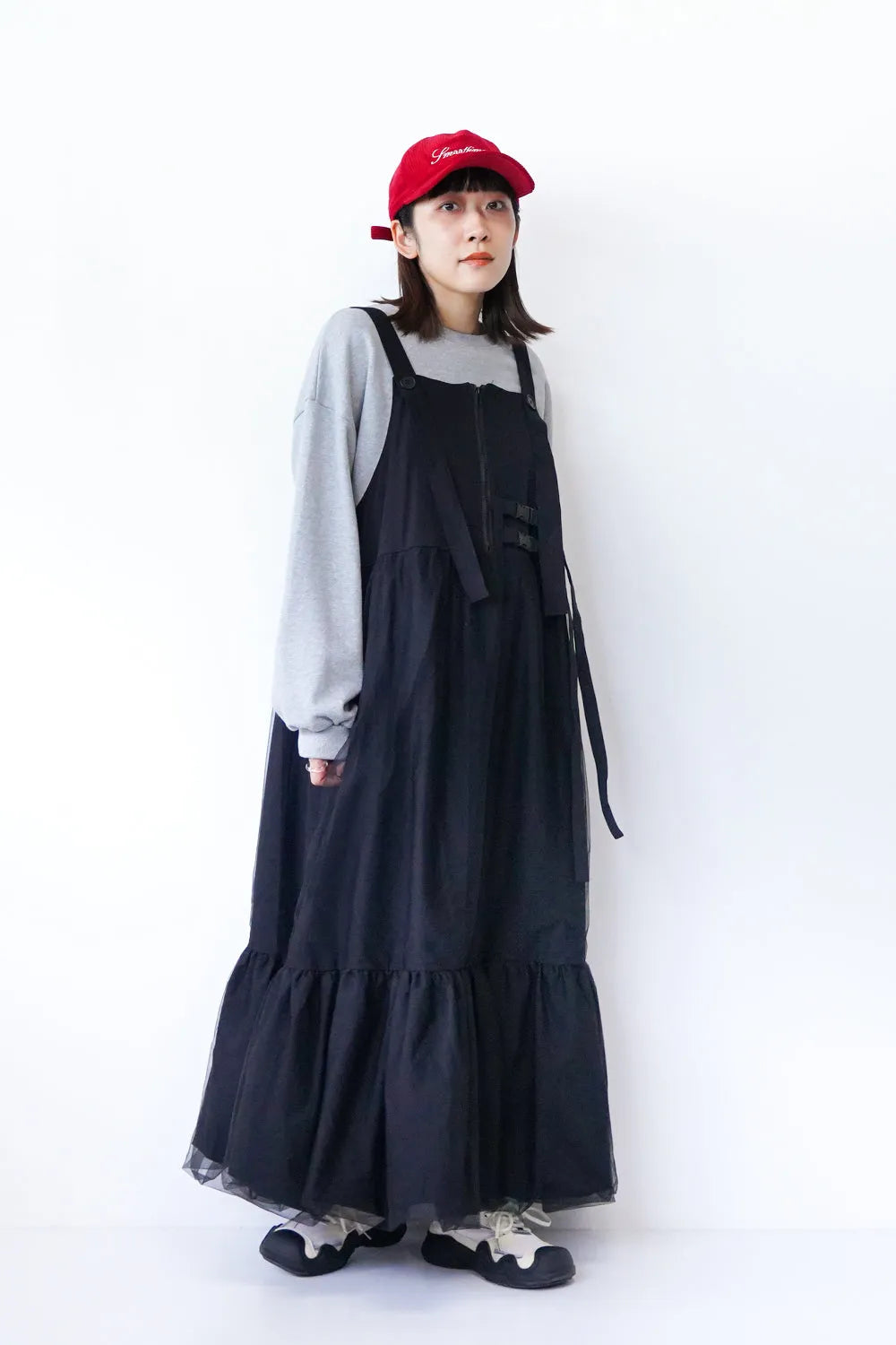 チュールレイヤードボリュームジャンパースカート