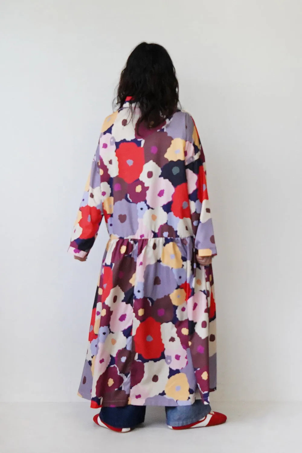 レトロ花柄ローウエスト切替ワンピース