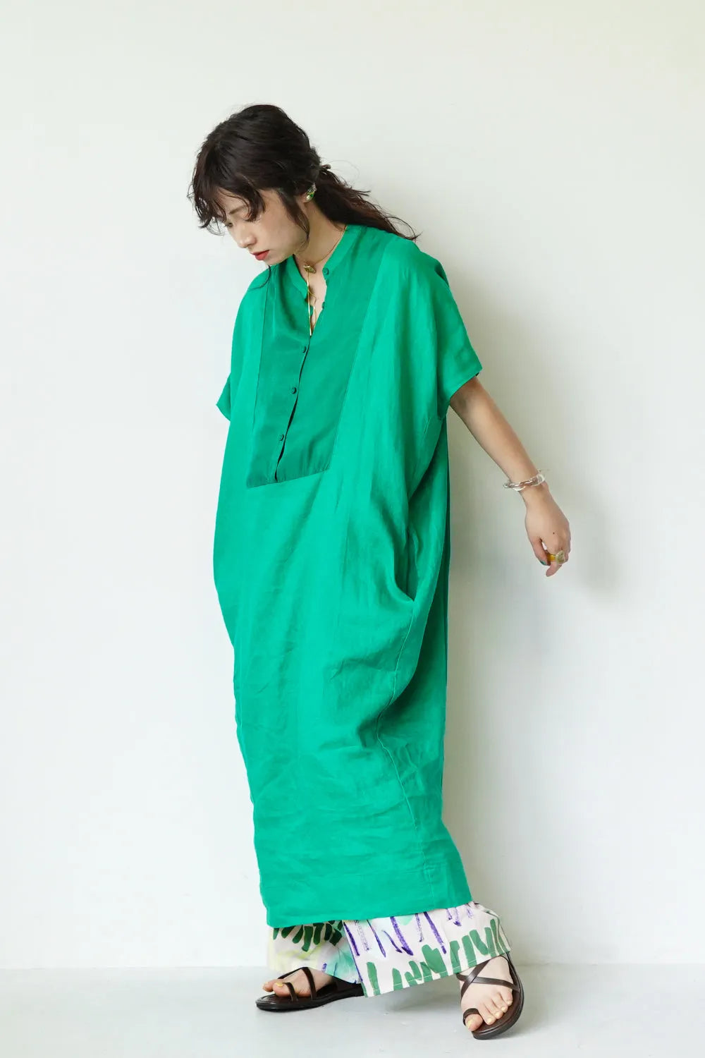 リネン×レーヨン ヨーク切替ワイドワンピース