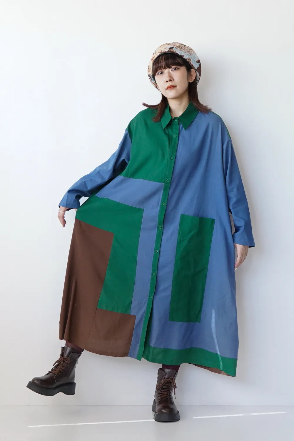 ブロック配色シャツワンピース