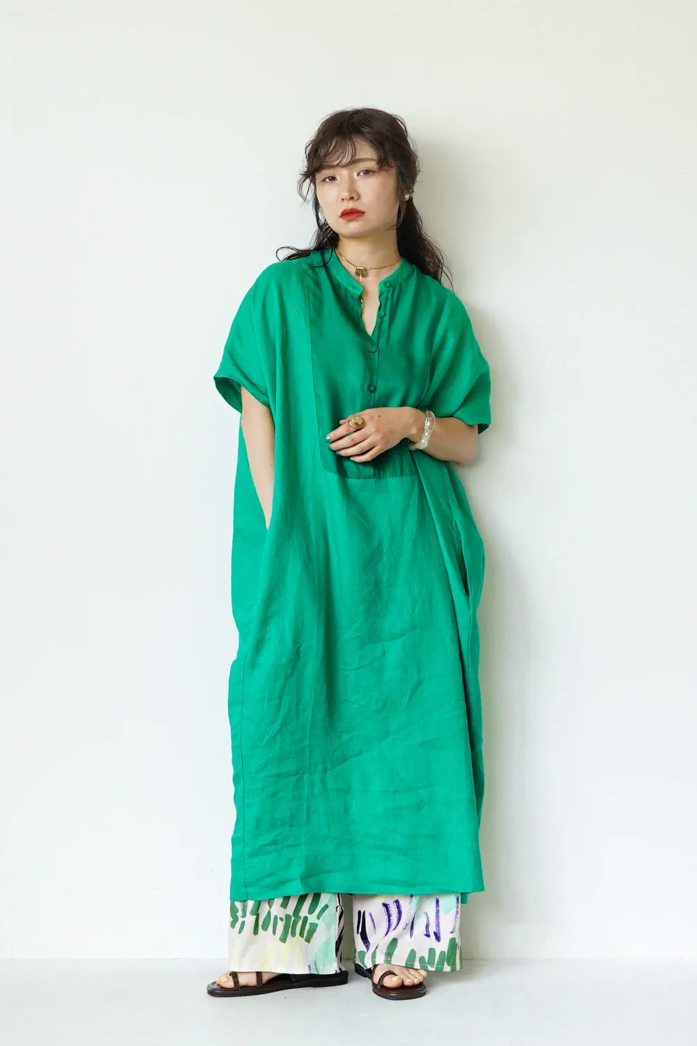 リネン×レーヨン ヨーク切替ワイドワンピース