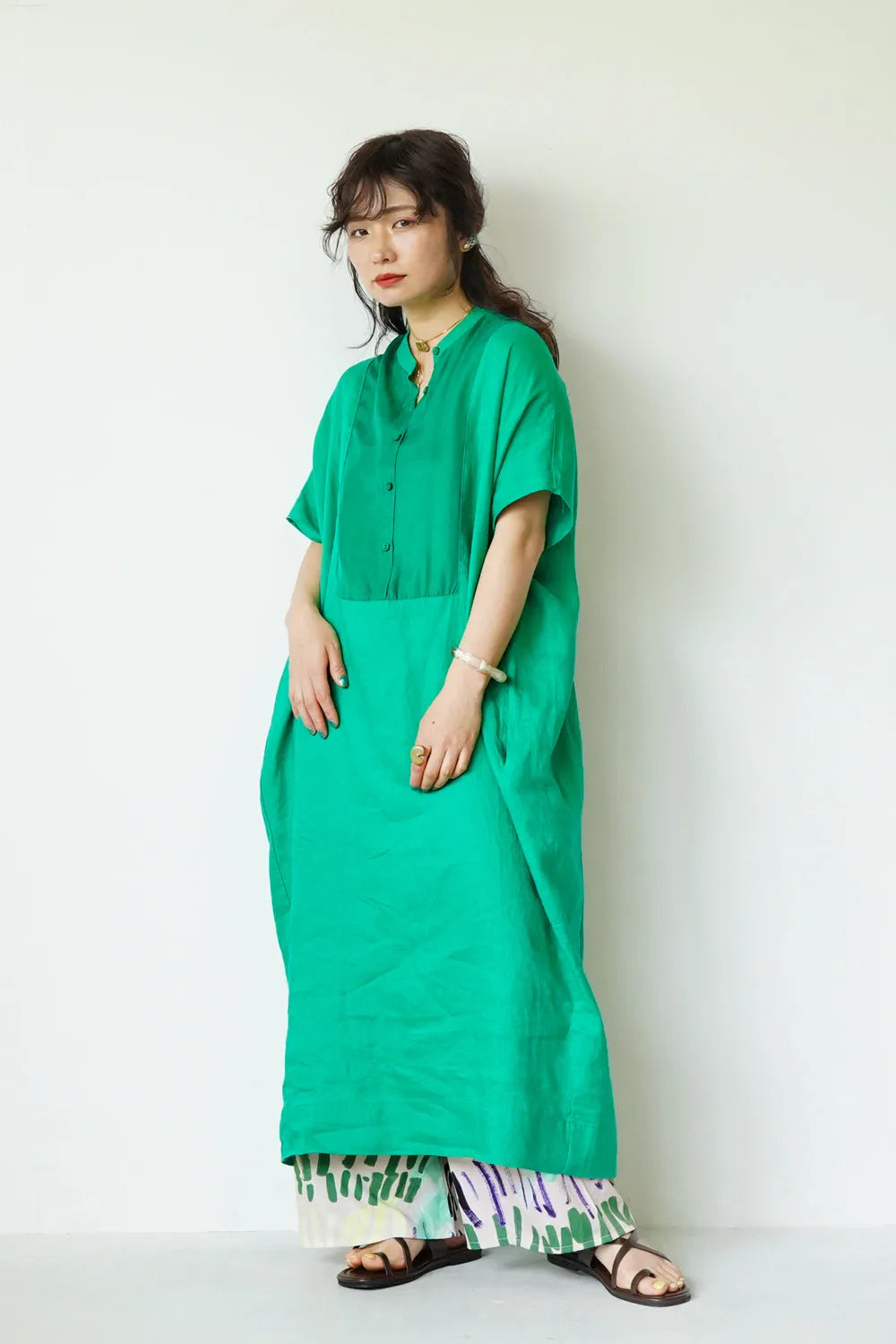 リネン×レーヨン ヨーク切替ワイドワンピース