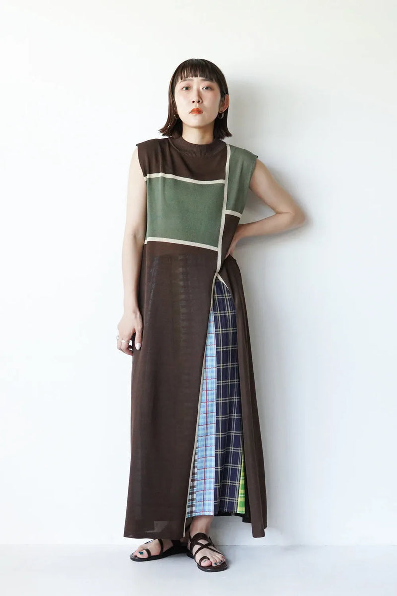 ボックス配色スリットニットベストワンピース