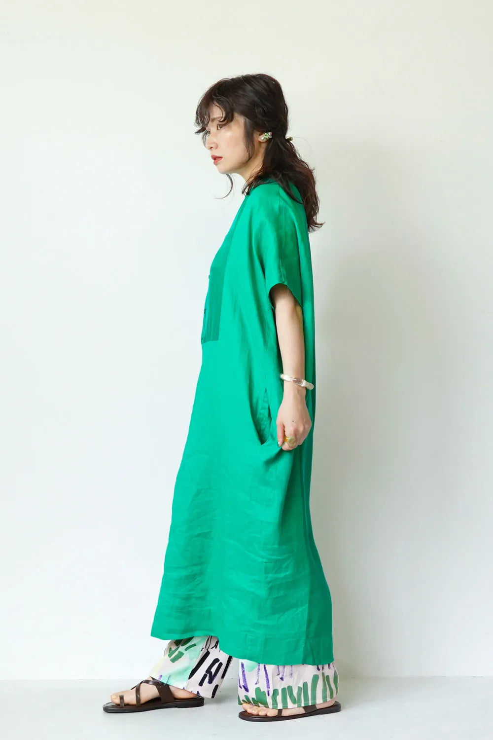 リネン×レーヨン ヨーク切替ワイドワンピース