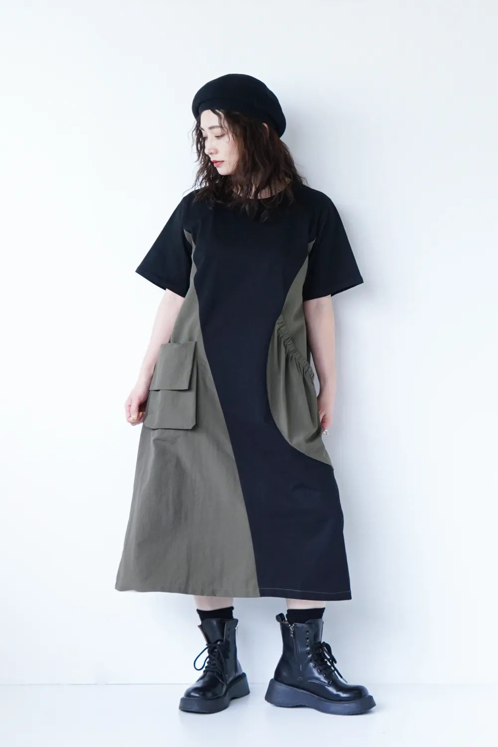 アシメポケットデザイン切替カットソーワンピース