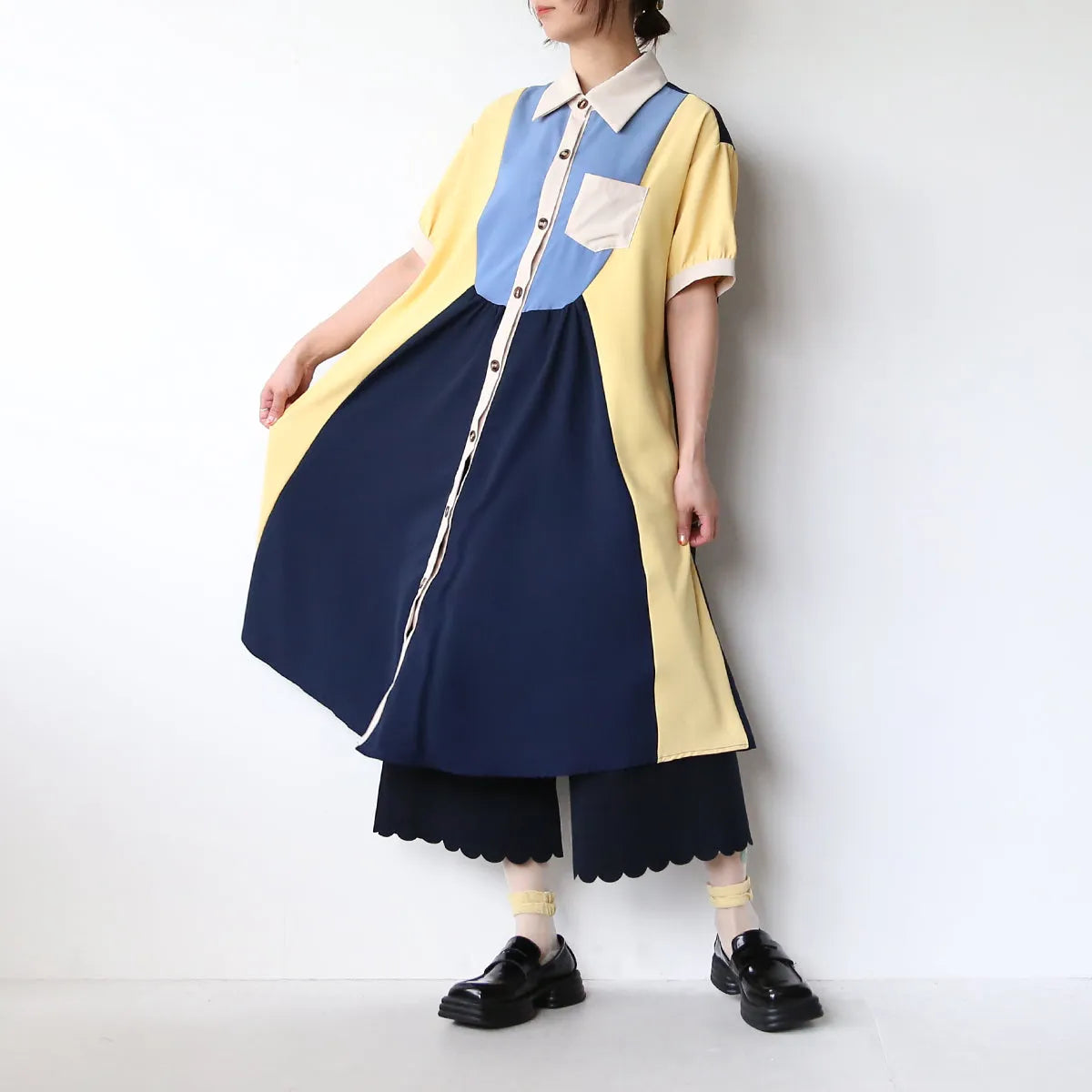 ヨーク切替配色シャツワンピース