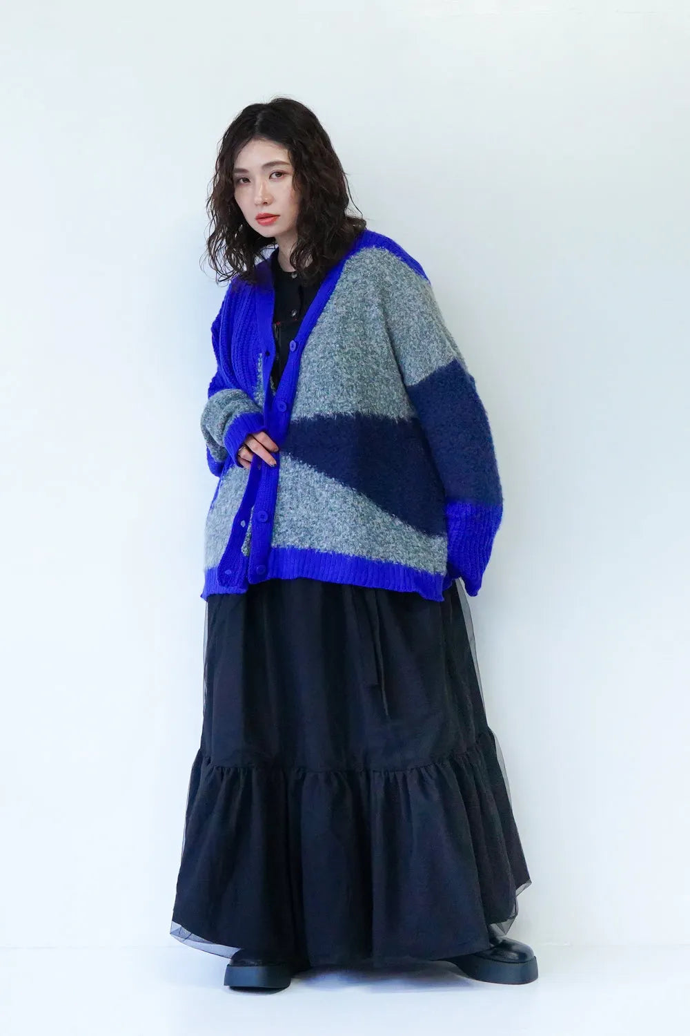 異素材切替ニットカーディガン