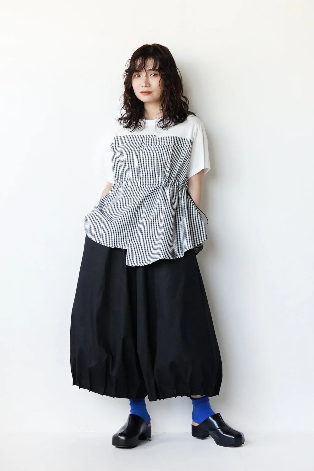 ギンガム切替ドロストカットソー