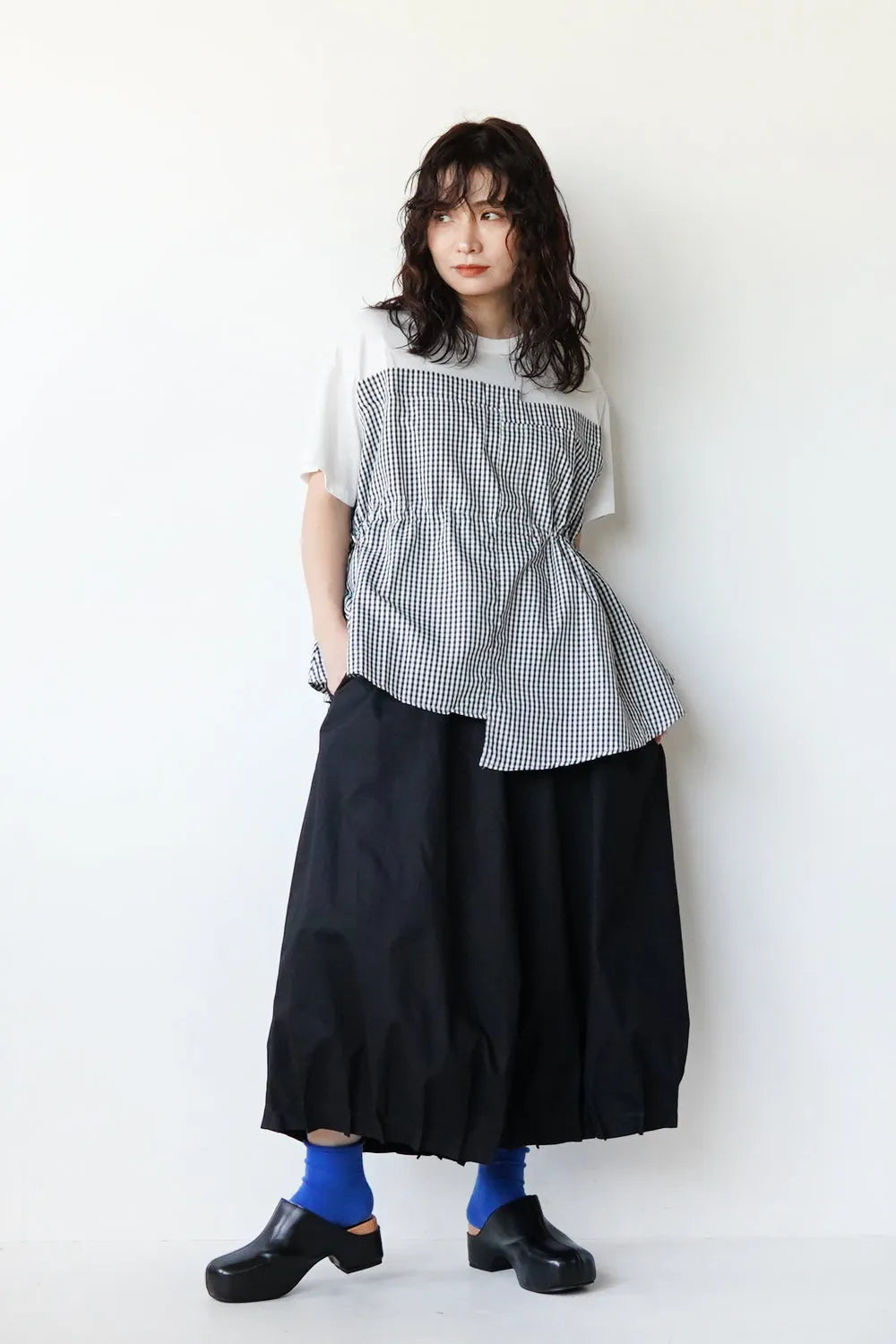 ギンガム切替ドロストカットソー