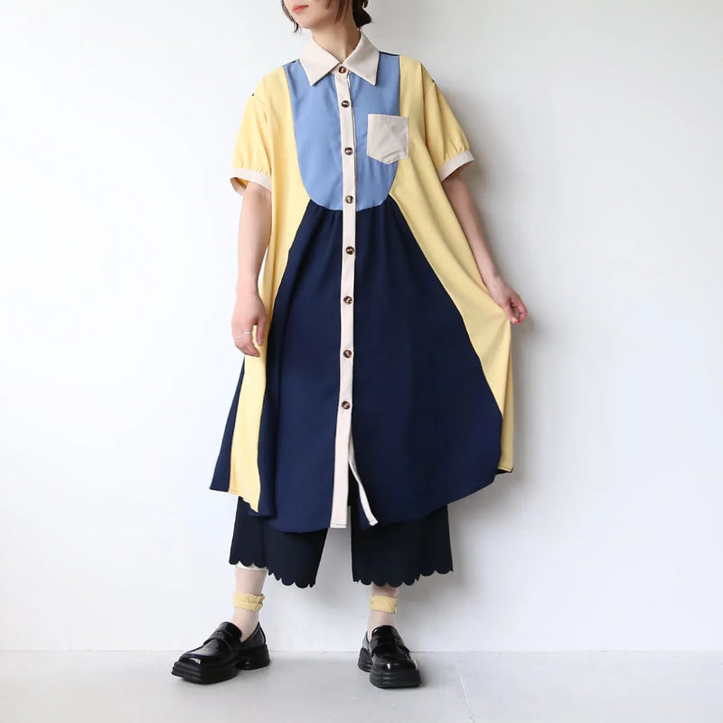 ヨーク切替配色シャツワンピース