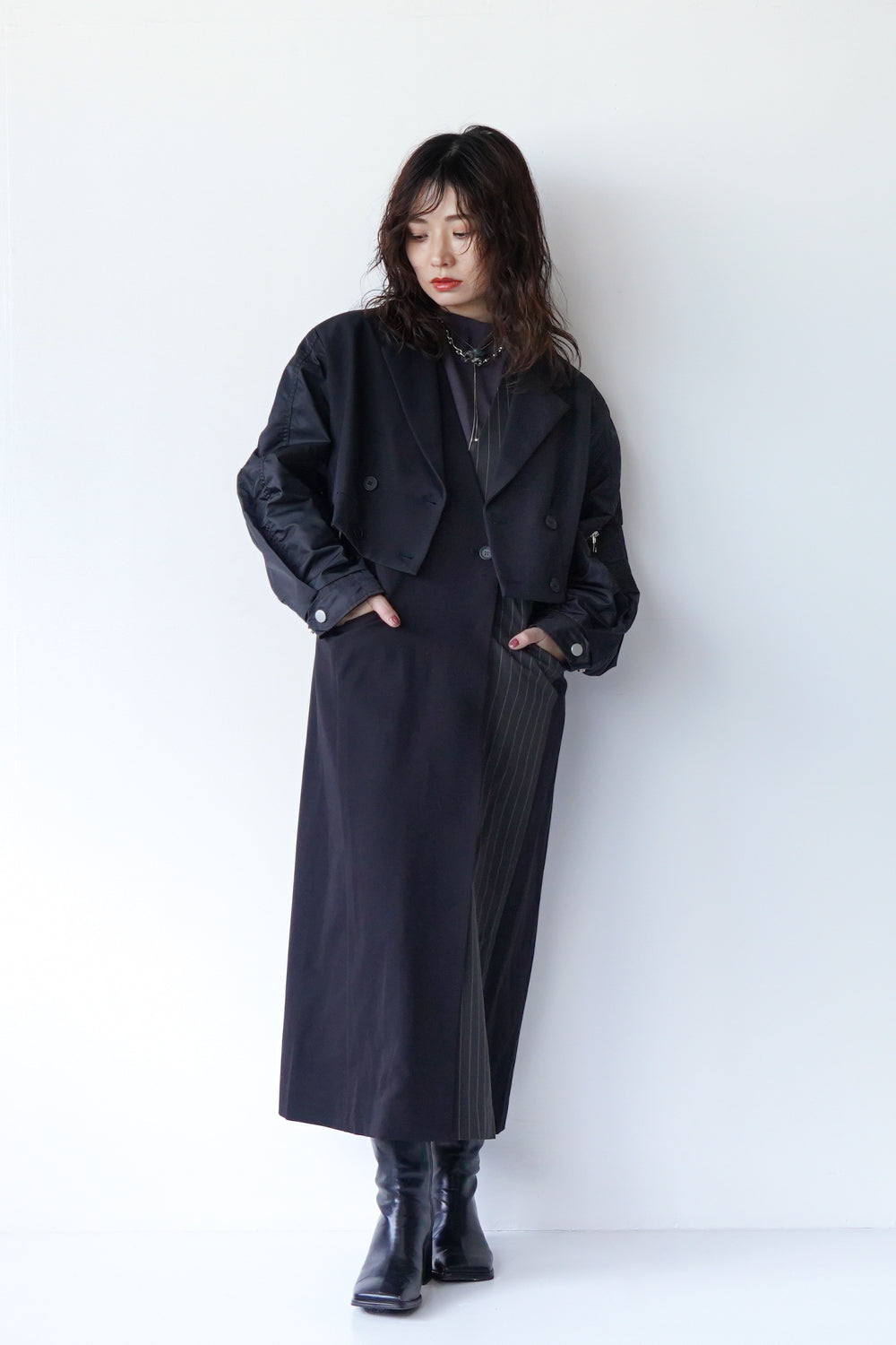 MICALLE MICALLE テーラード ジャケット ブラック MICALLE MICALLE】異素材ショートテーラードジャケット – LILA