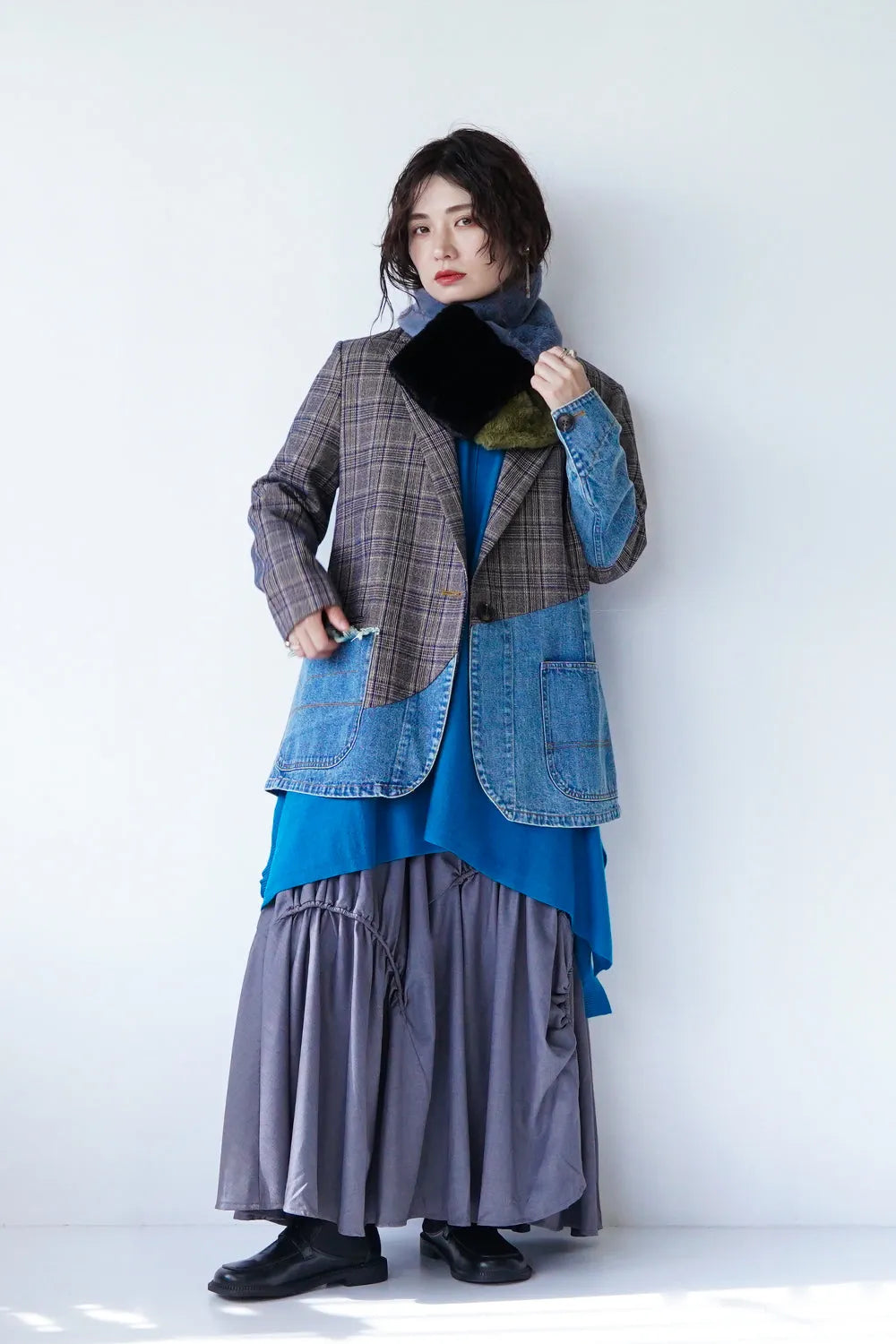 【MICALLE MICALLE】デニム×チェック切替ジャケット