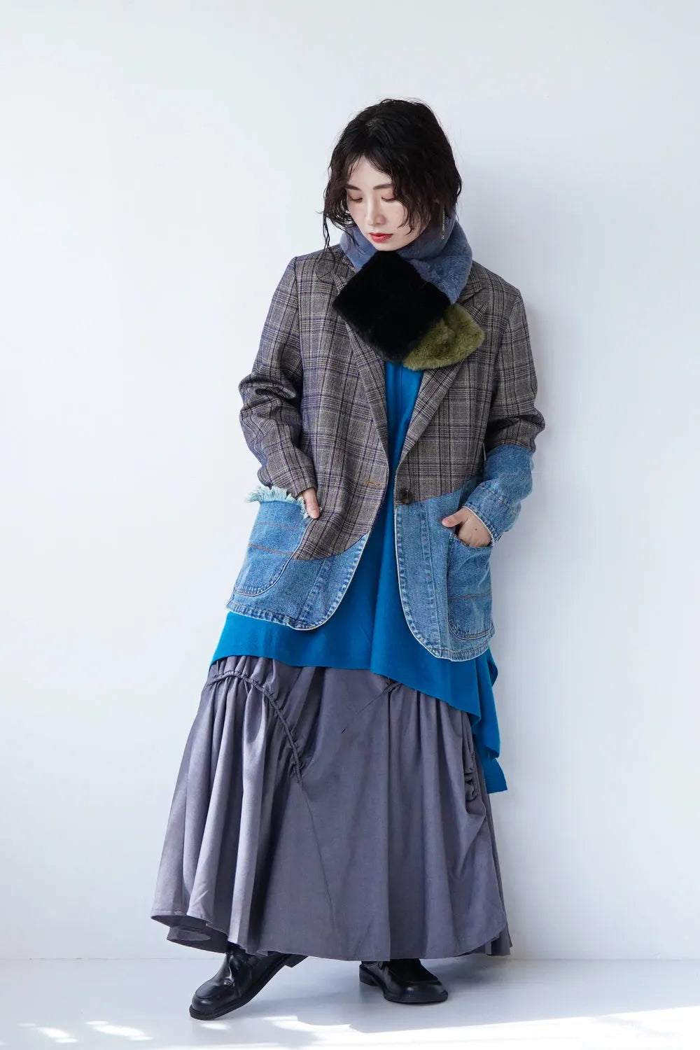 【MICALLE MICALLE】デニム×チェック切替ジャケット