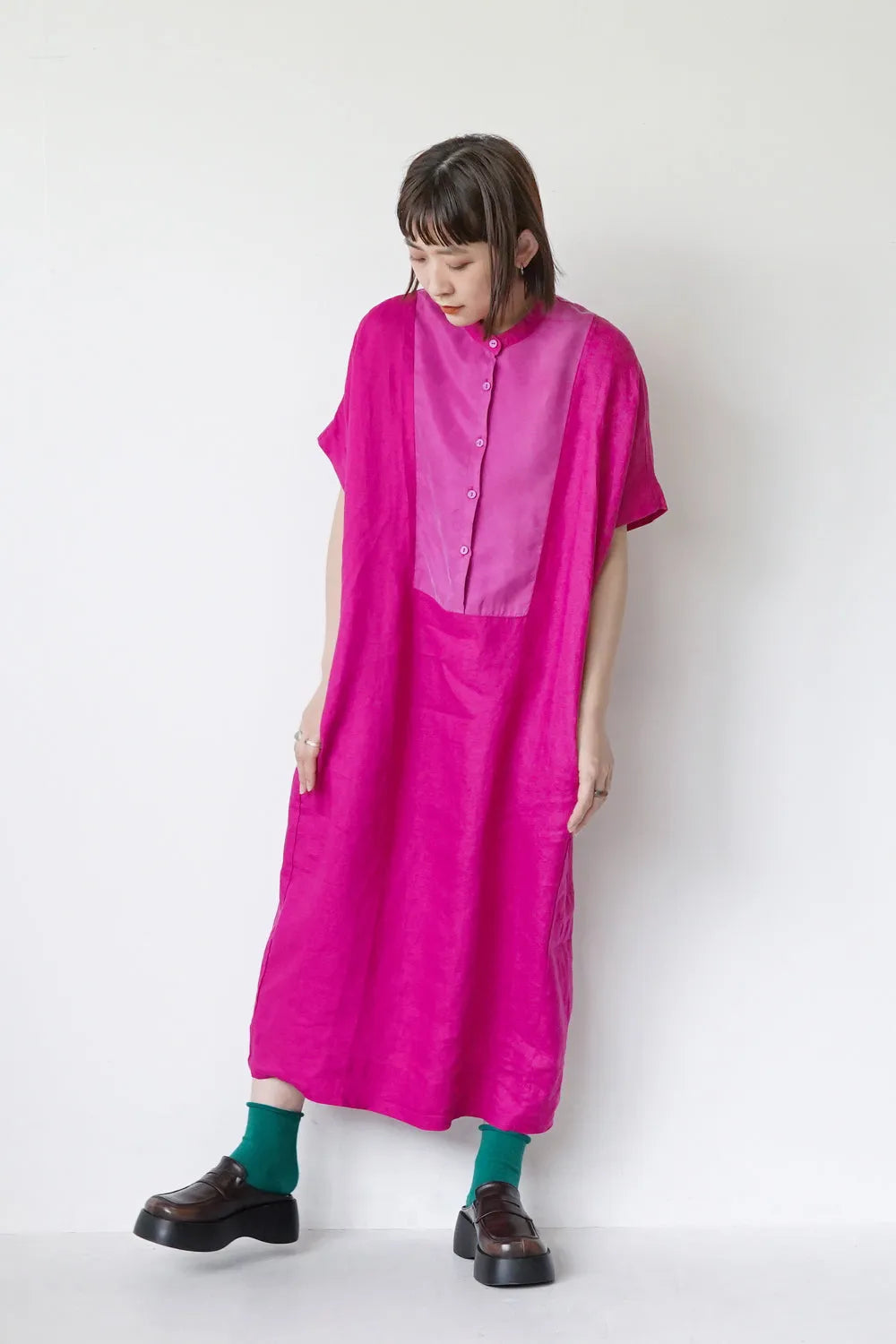 リネン×レーヨン ヨーク切替ワイドワンピース