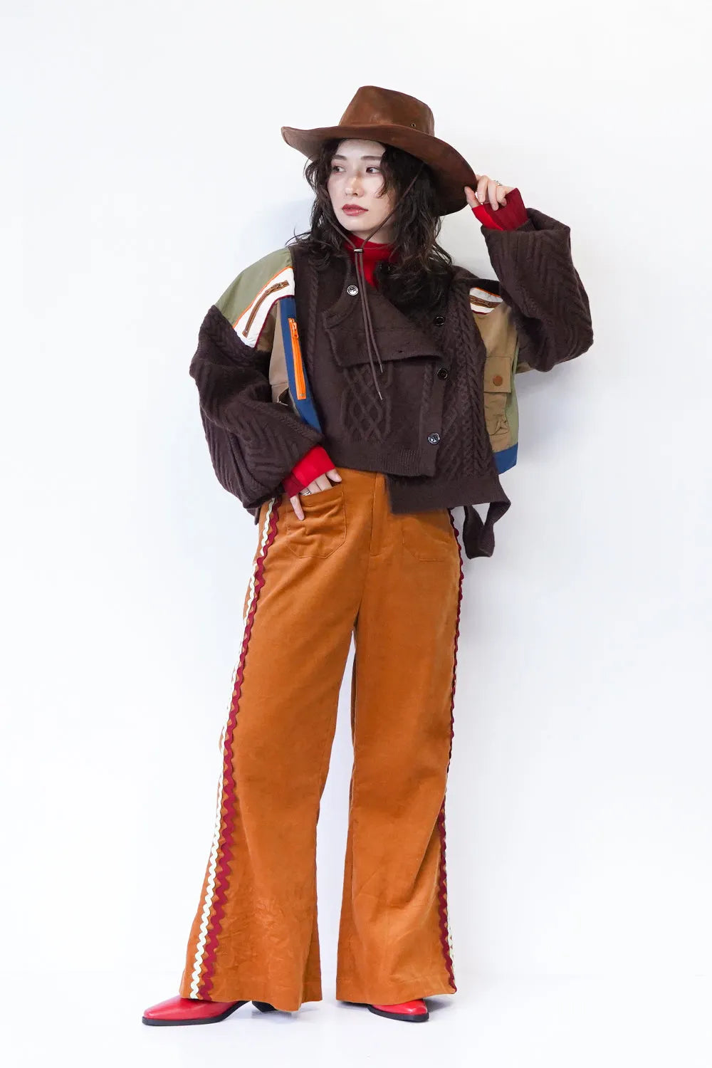 異素材ドッキングアシメニットカーデ