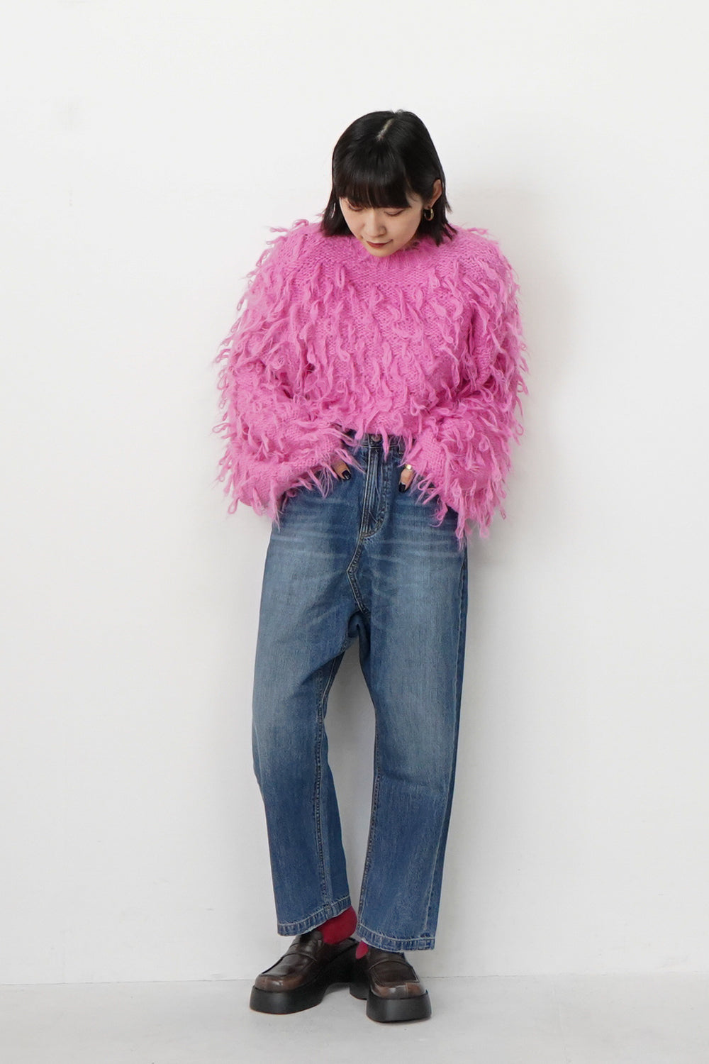 レオナール　総柄　リブニット ハイネック　可愛い　人気 フルーツ柄 ピンク　M もけもけループハイネックニット – LILA & CITTA ONLINE SHOP