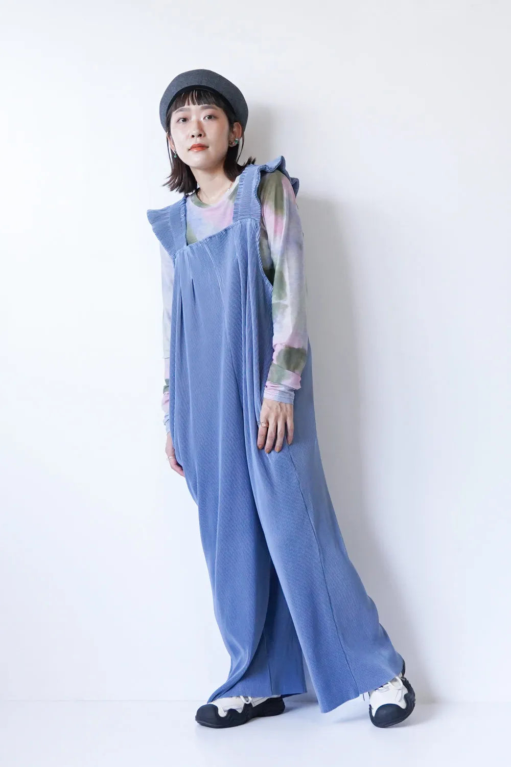 フリルショルダープリーツサロペット