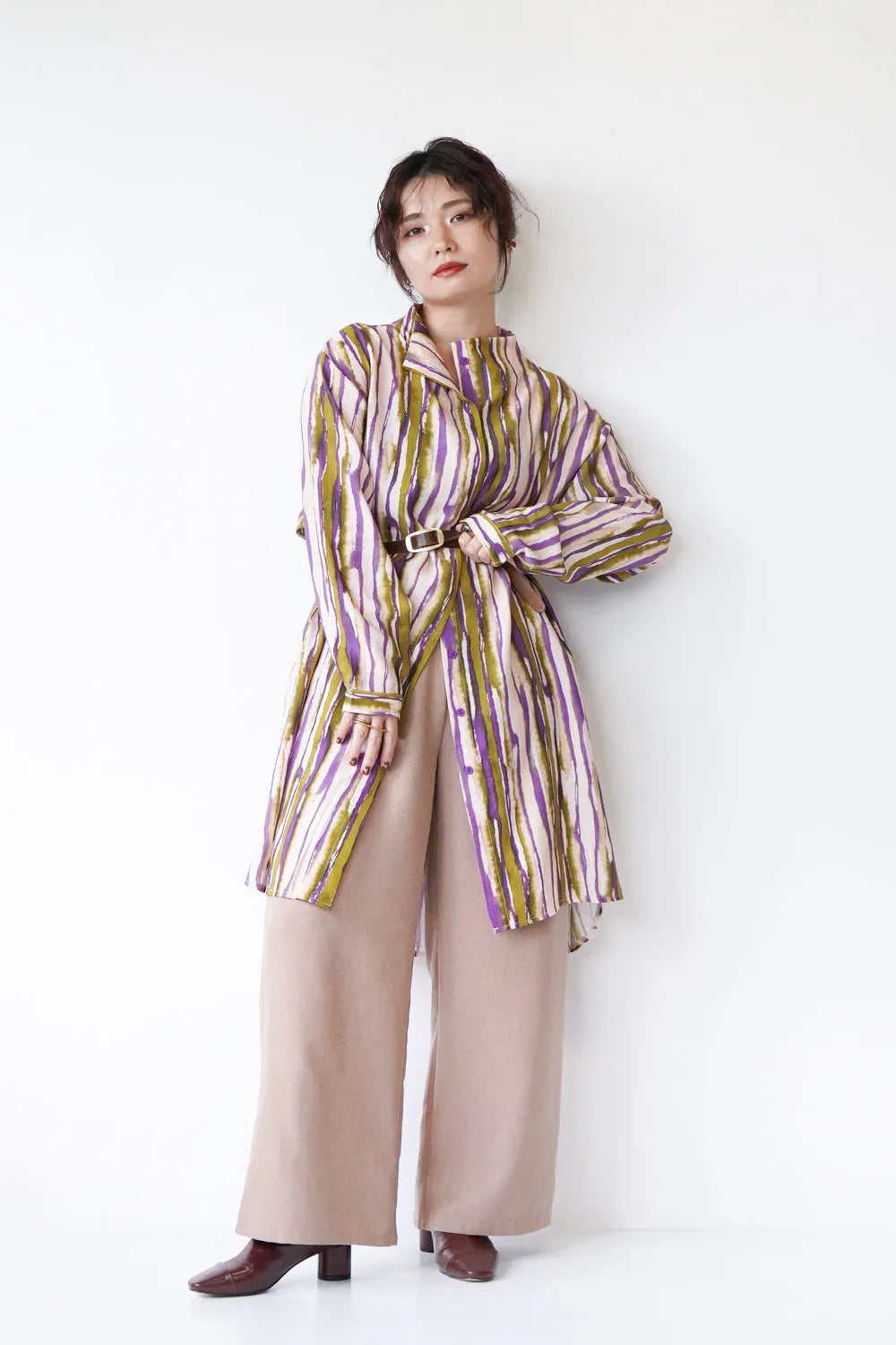 うねうねストライプハイネックチュニックブラウス