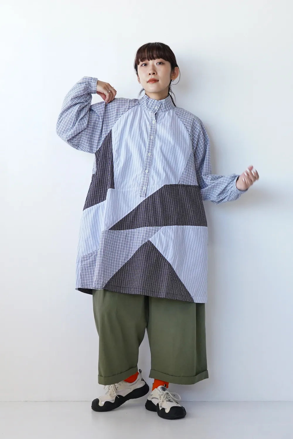 パッチワーク切替チュニックシャツ