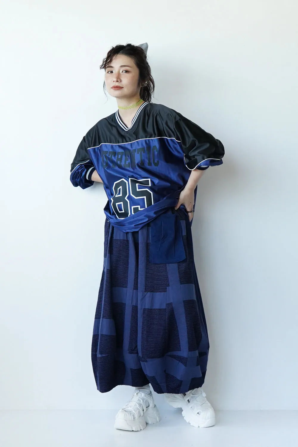 ベルトデザイン 格子柄バルーンパンツ