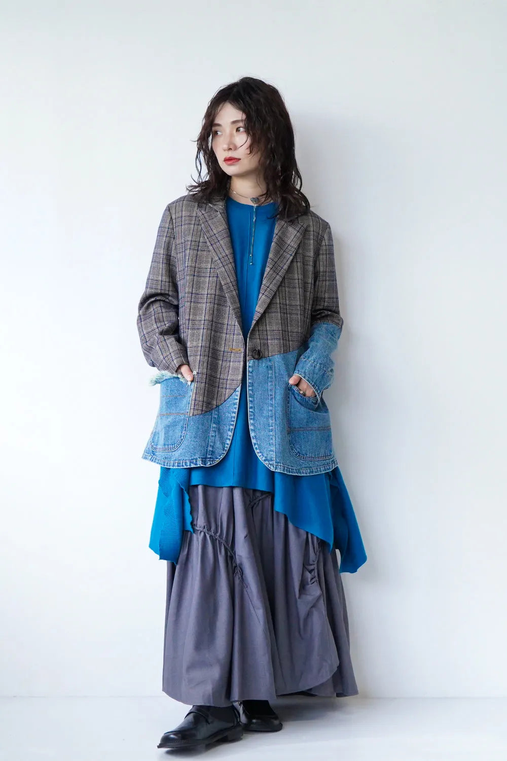 【MICALLE MICALLE】デニム×チェック切替ジャケット