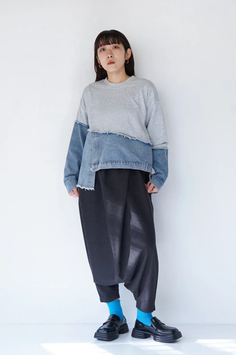 【予約販売】スウェット×デニム切替アシメプルオーバー