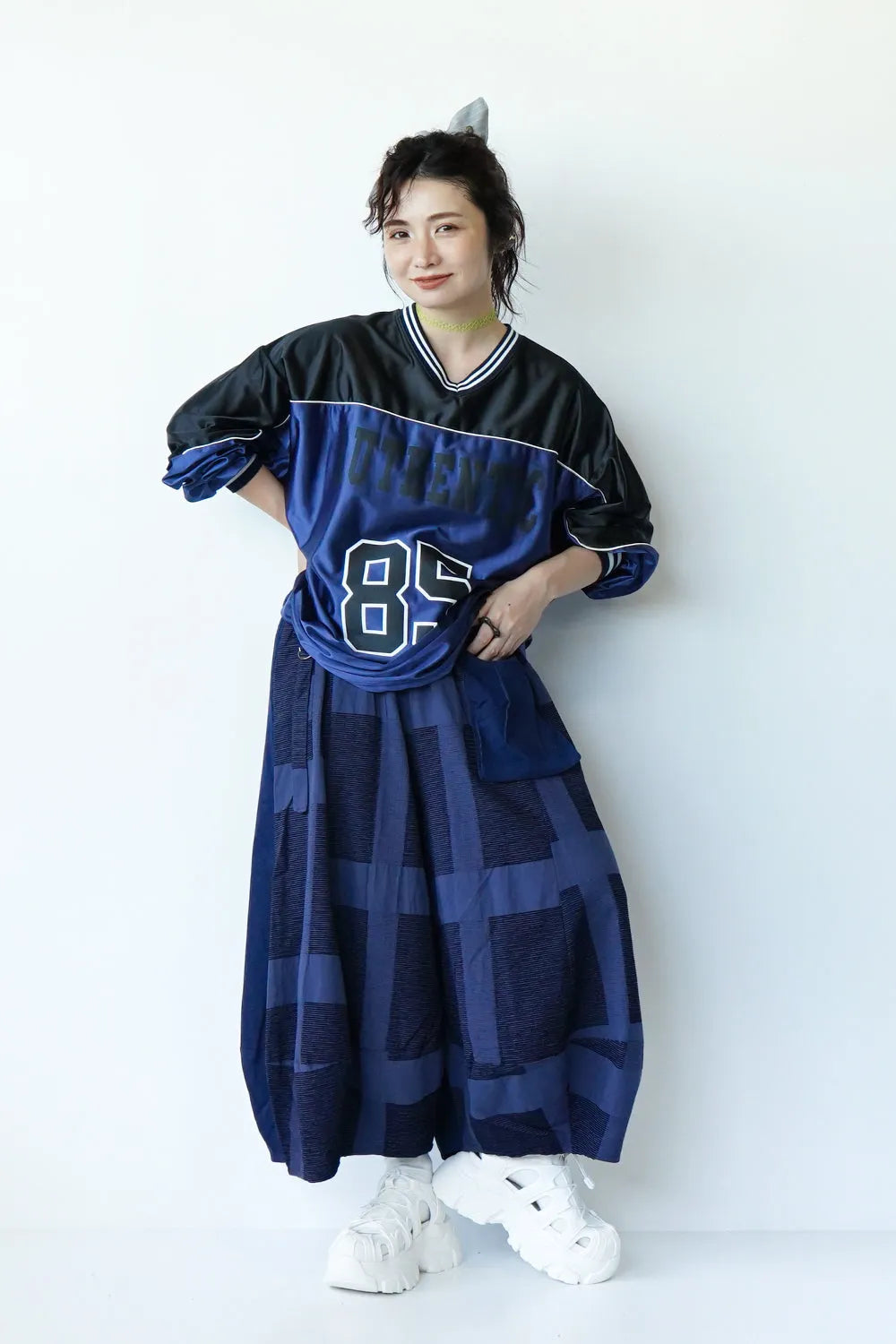 ベルトデザイン 格子柄バルーンパンツ