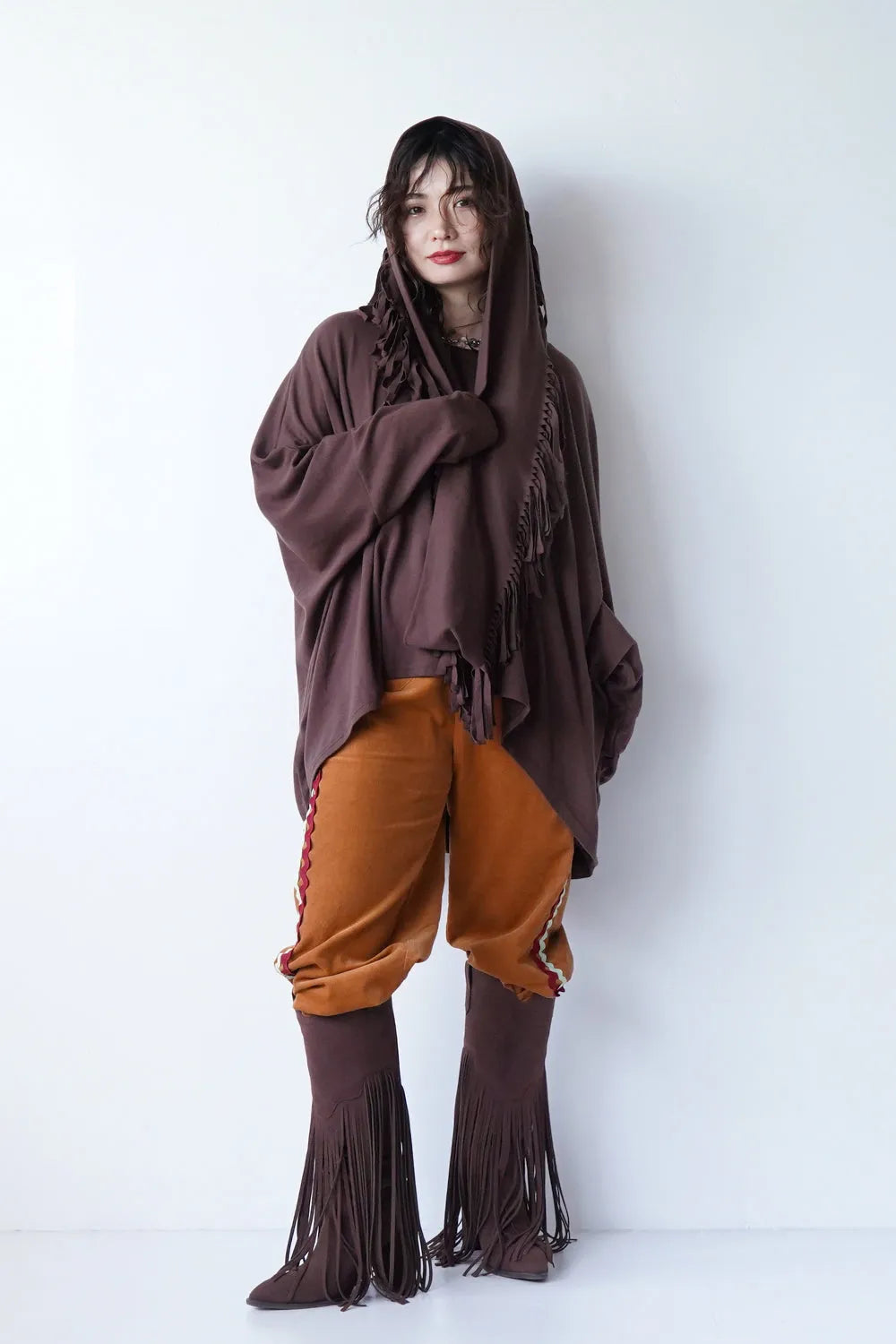 フリンジスヌード付きワイドプルオーバー