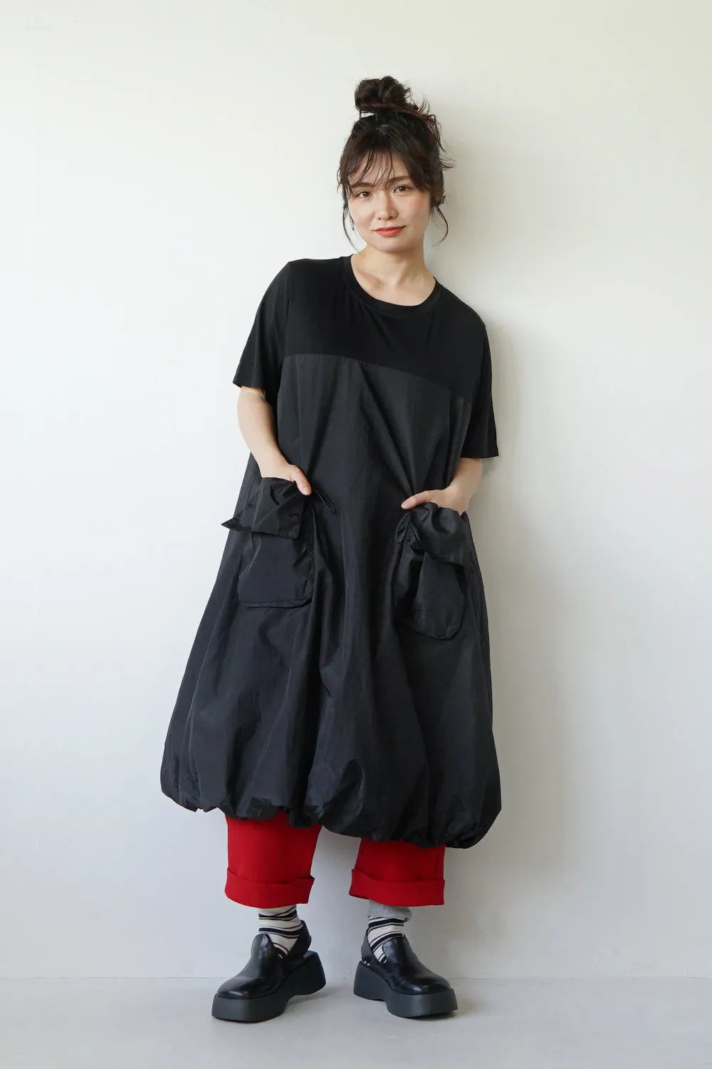 異素材切替ナイロンバルーンワンピース