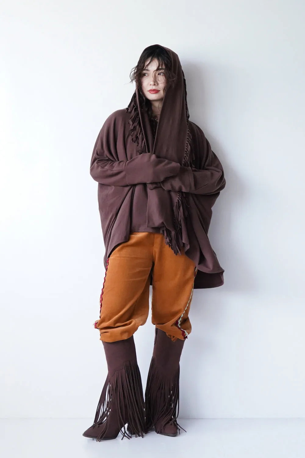 フリンジスヌード付きワイドプルオーバー