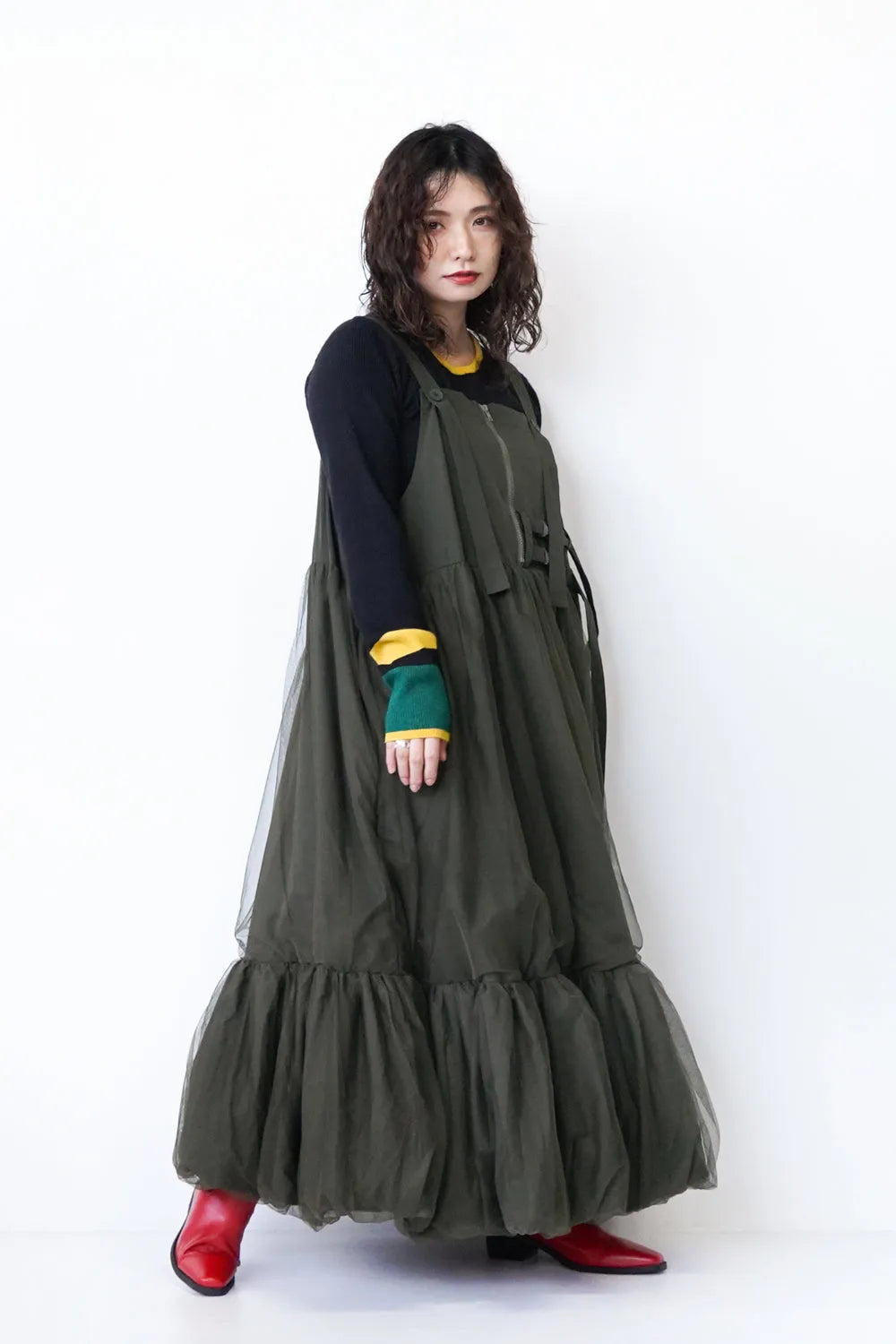 チュールレイヤードボリュームジャンパースカート