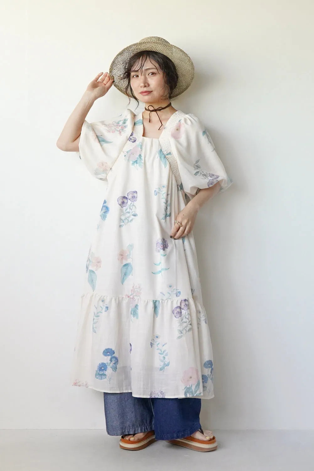 パステル花柄 ボリュームスリーブワンピース