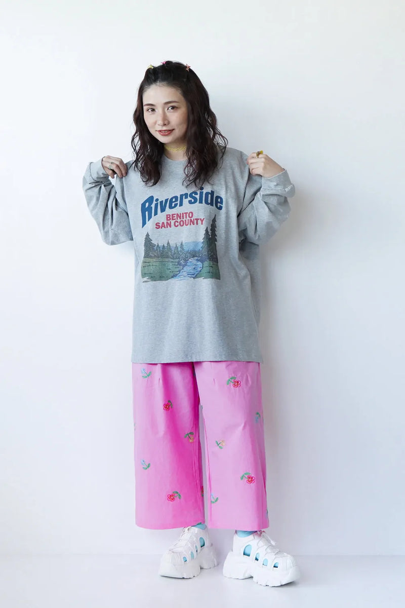 花刺繍コットンワイドパンツ