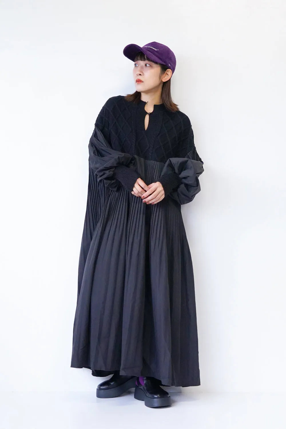 ニット×プリーツロングワンピース