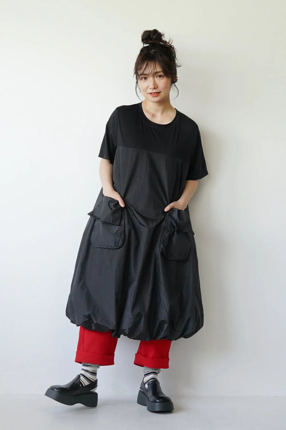 異素材切替ナイロンバルーンワンピース