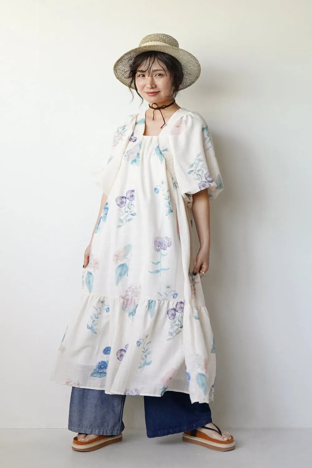 パステル花柄 ボリュームスリーブワンピース