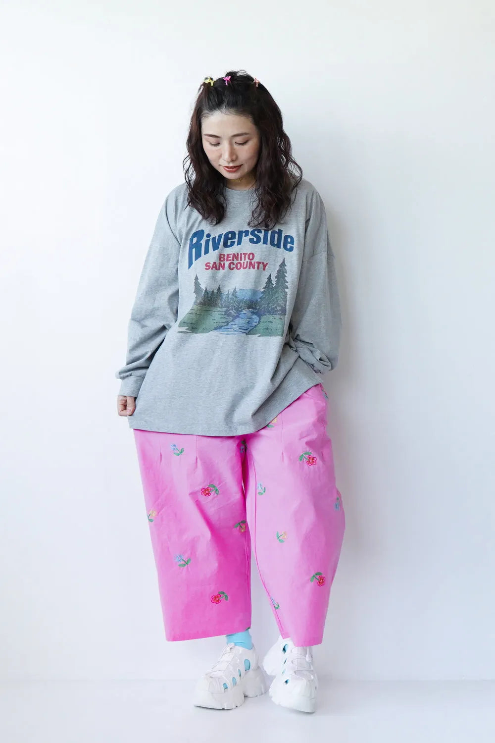 花刺繍コットンワイドパンツ