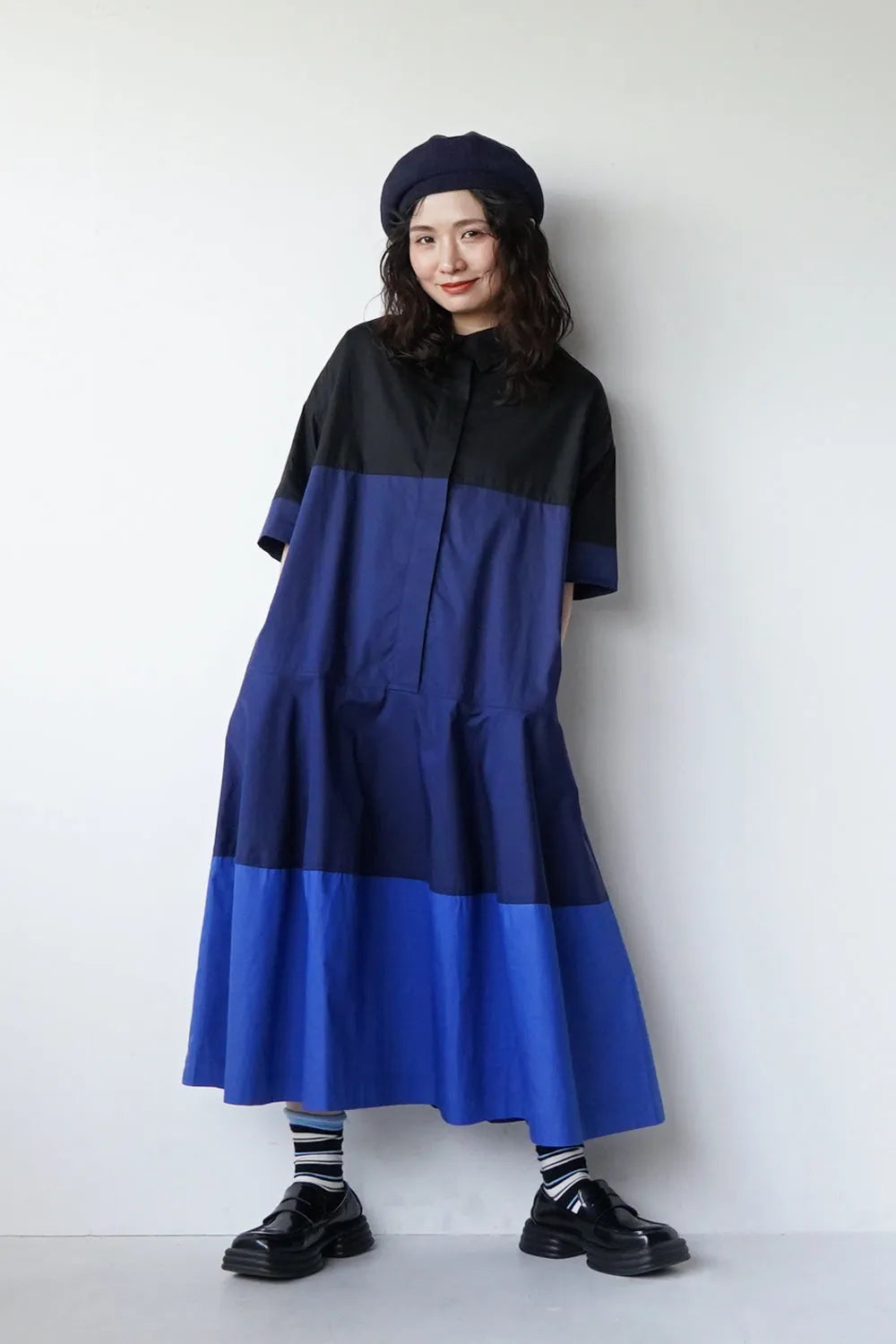 【LILA n' citta】バイカラーフレアシャツワンピース