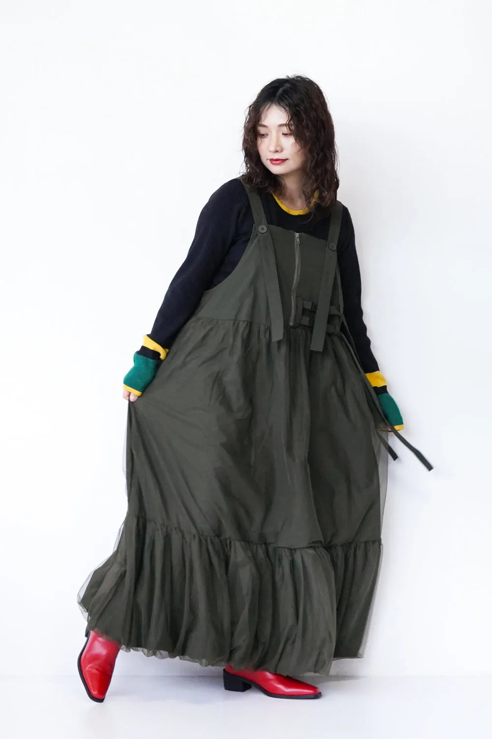 チュールレイヤードボリュームジャンパースカート